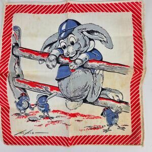 VTG childs handkerchief Tom Lamb bunny birds baseball blue red white